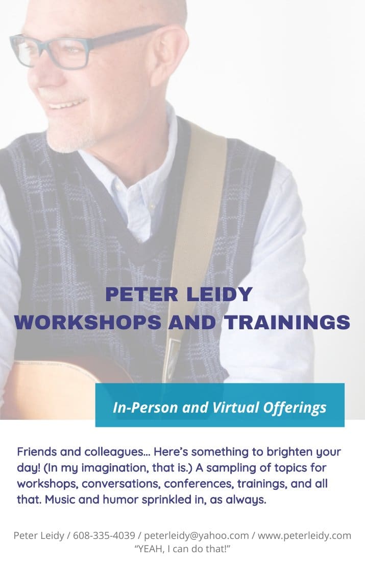 Peter Leidy Workshops and Trainings flyer: in-person and virtual offerings. Click to open the full PDF of conference, workshop, and training topics.